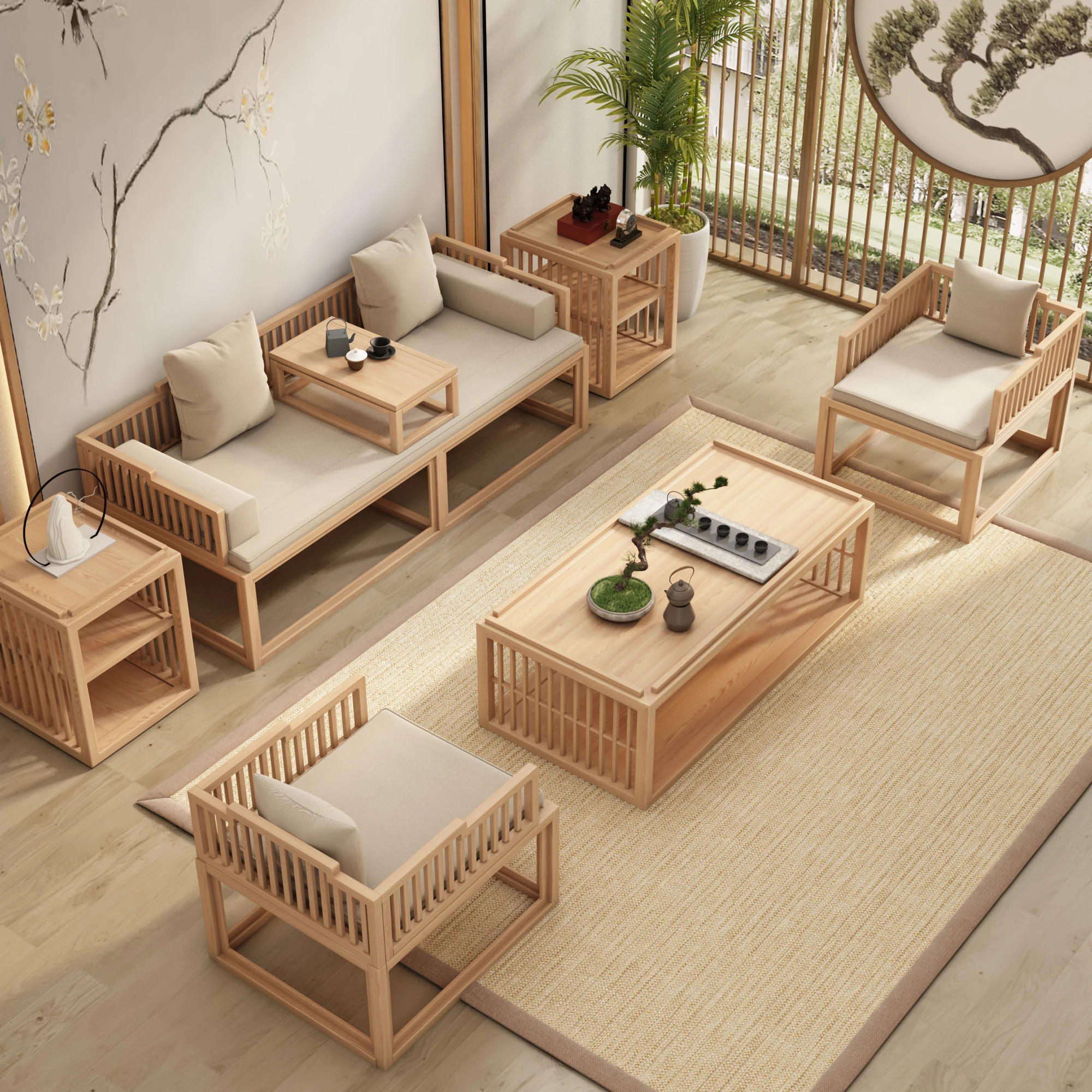 

New Chinese ash wood sofa set