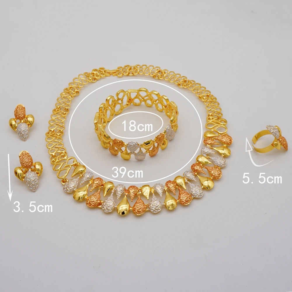 red american diamond necklace set Ethiopia Dubai 24K Gold Color Jewelry Sets For Women Luxury Necklace Earrings Bracelet Ring India African Wedding Gifts earrings and tikka set under 200