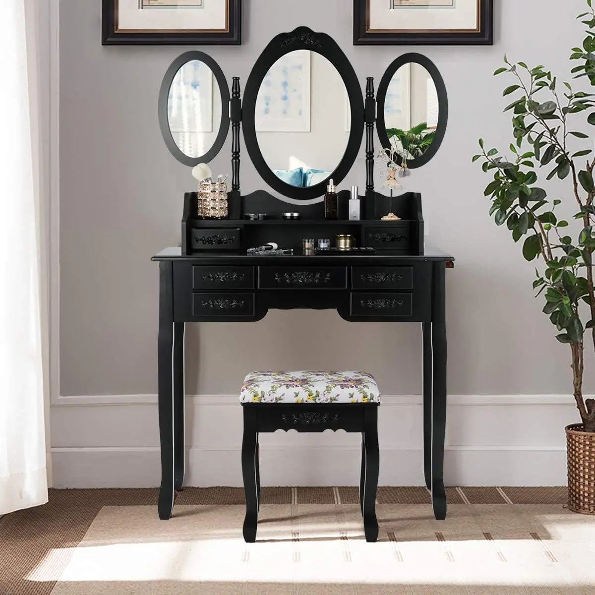 

CHARMAID Vanity Set with Tri-Folding Mirror and Cushioned Stool, Dressing Table with 7 Drawers and a Shelf, Makeup Table Writing