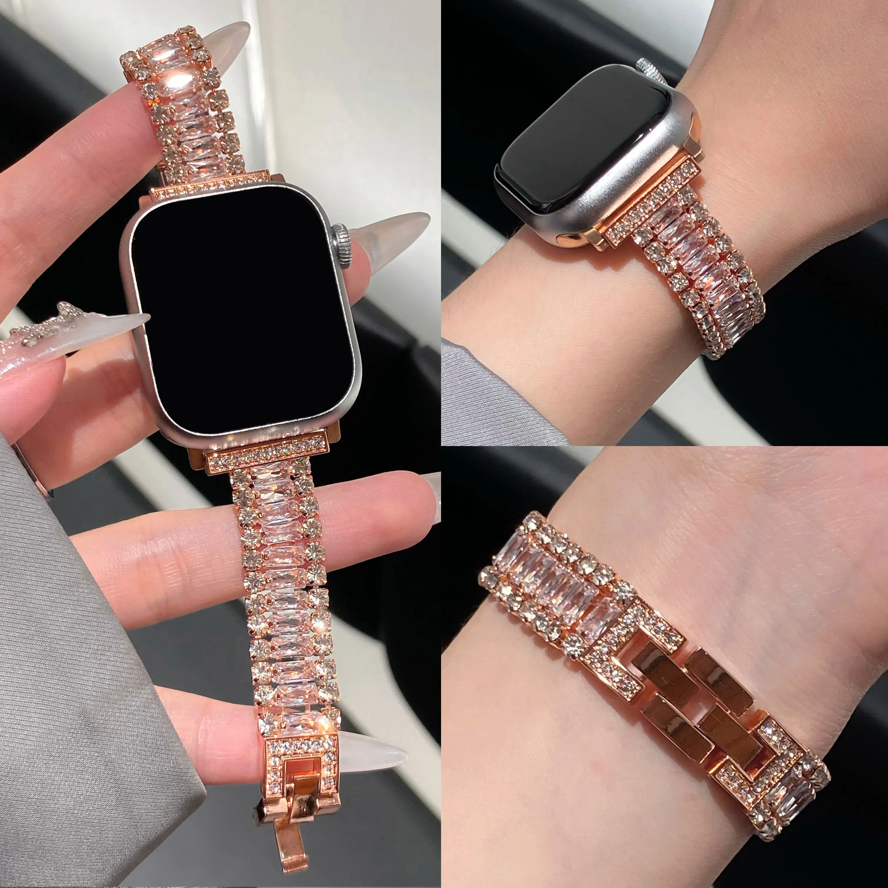 18 mm 20 mm universelles, dreireihiges Diamantarmband für Samsung Galaxy Watch 7, 6, 5, 4, weibliches Armband für Apple Watch S10, S9, 49–38 mm – Detail 8