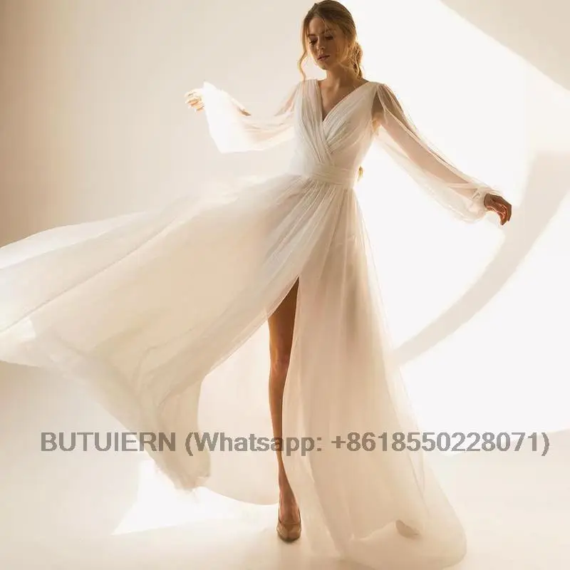 

Simple 2023 Sexy V-Neck Long Sleeve Slit Pleats A-Line Glitter Tulle Wedding Dress Bridal Gowns Vestido De Noiva