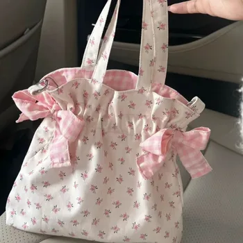 Borsa a Spalla Semplice e Graziosa, Grande Capacità, Stampa alla Moda con Fiocco, Borsa a Mano in Tela Sottobraccio