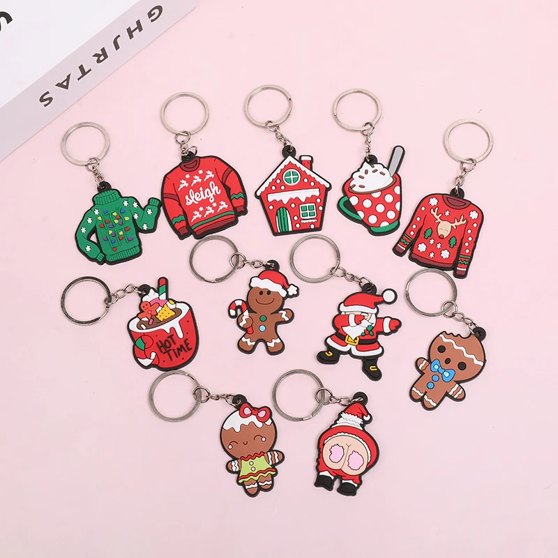 12Pcs Christmas Theme Keychain Ornaments Kids Adults New Year Gift Christmas Party Home Decoration Wallet Bag Xmas Tree Pendants