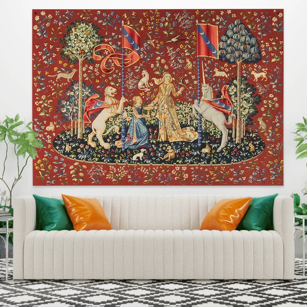 Tapestry decorations Medieval Lady And The Unicorn Tapestry Wall Hanging Multifunction Home Decor Background Decor Bedspread Blanket Mat Covering