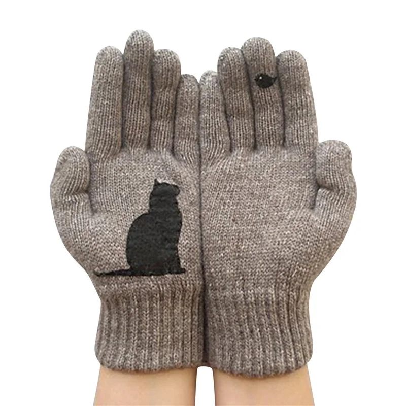 

Winter Gloves For Men Women Teens Cute Cat And Bird Printed Thermal Knitted Gloves Windproof Winter Warm Mittens Glove Soft