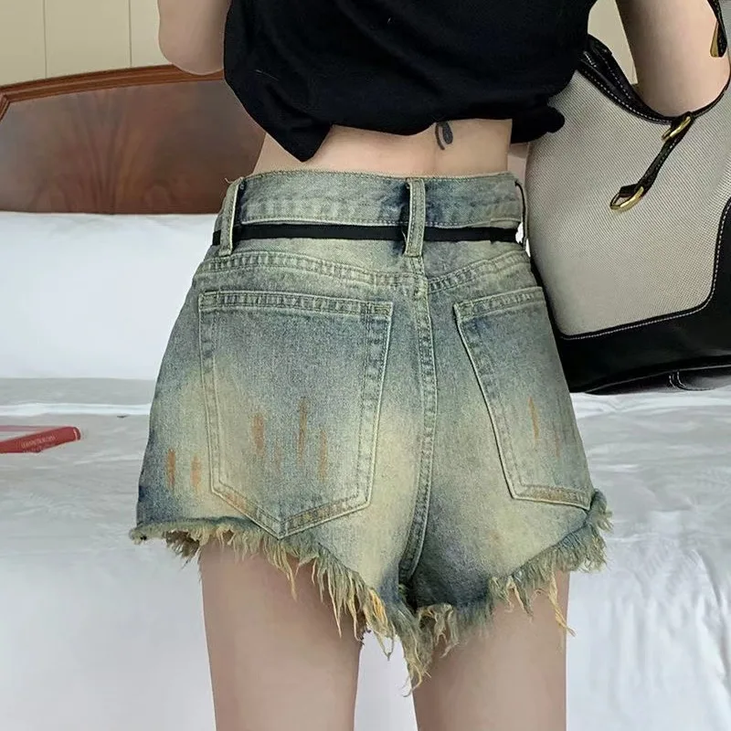 2024 New Temperament Women's Summer Button Fashion Leisure Retro Tie Dyed Pocket Strap High Waist A-line Slim Fit Denim Shorts