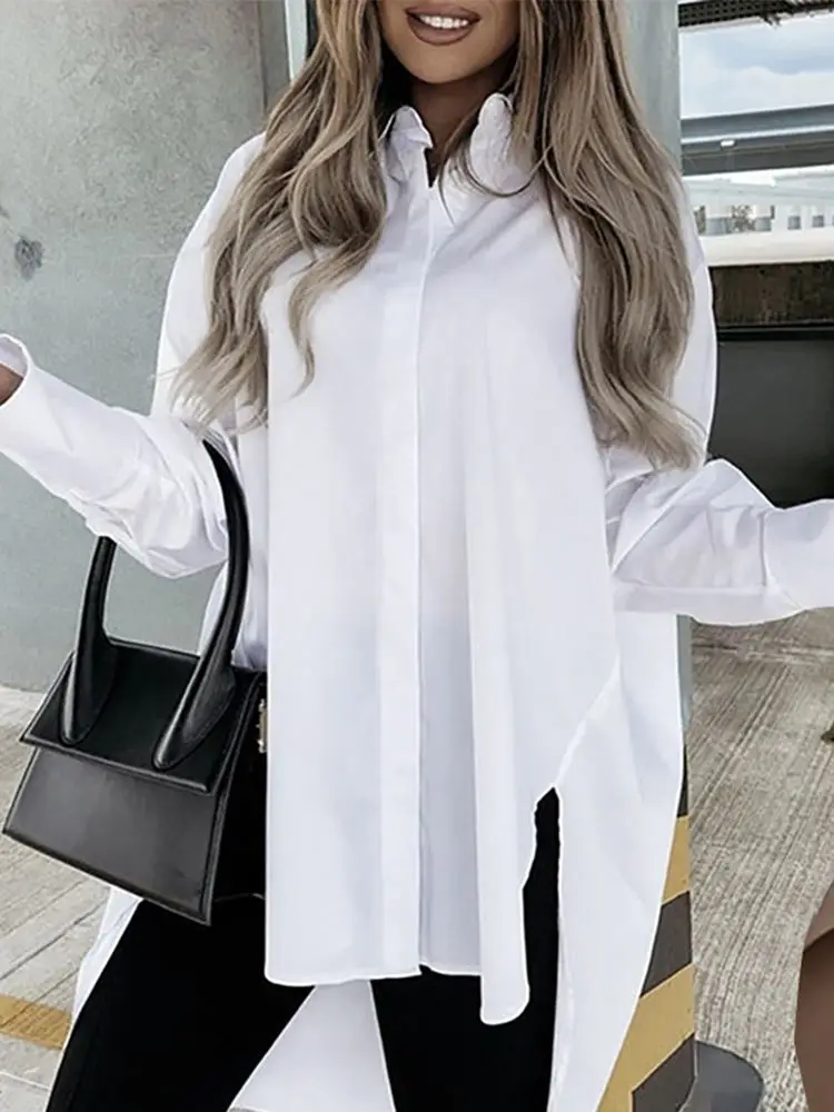 Celmia Vintage Asymmetrical Long Shirts Women 2022 Fashion Long Sleeve Blouse Casual Tunic Top Buttons Oversize Solid Streetwear