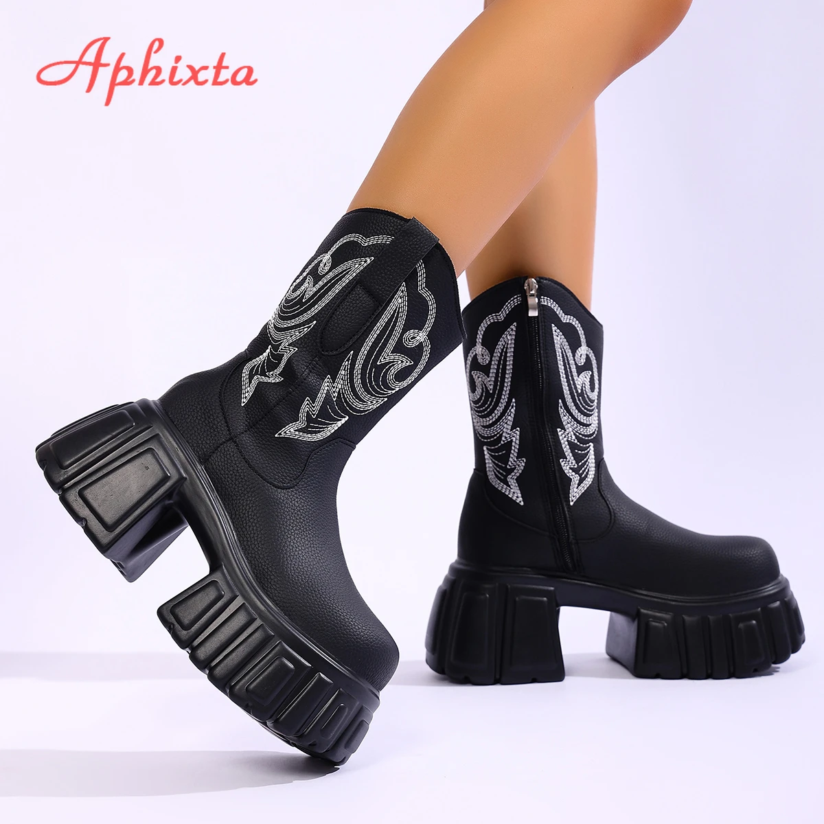Aphixta Chunky Heels Fashion Woman Ankle Boots Side Zipper Round Toe Woman Winter Shoes Sewing Embroidery Modern Boots Size 42