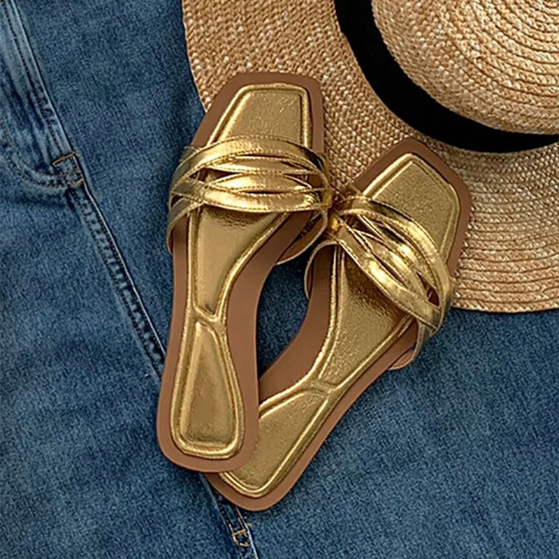 Square Toe Open Toe Flip Flops Summer Flat Bottoms, Golden Retro Semi Slipper Style, Wearing Sandals for Women's External Wear