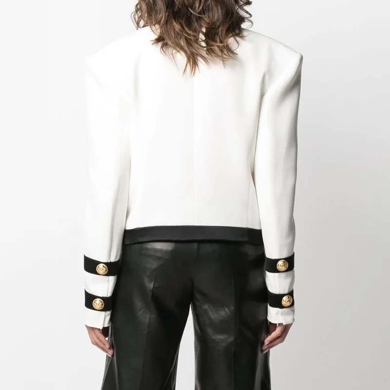 High Quality  Fashion Black And White Stitching Striped Commuting Metal Button Decoration Long-Sleeved Woman Jacket Coat
