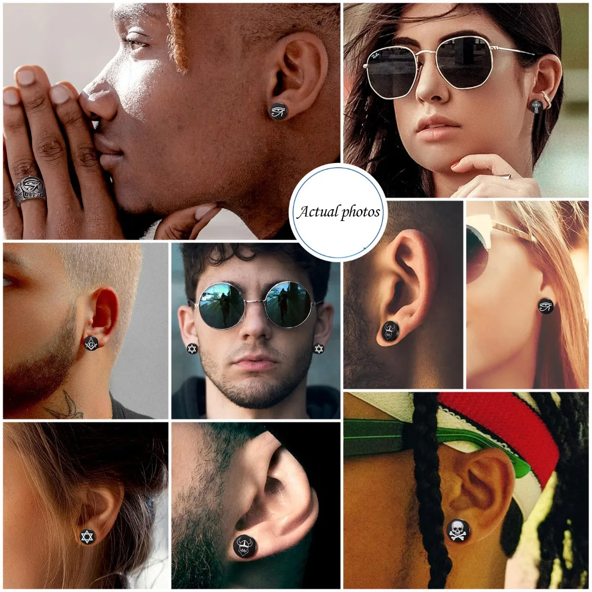 6pairs/set Black Round Stud Earrings Skull Celtic Cross Star of David Viking Wolf Tree Fighter Eye of Horus Unisex Jewerlry QC24 2