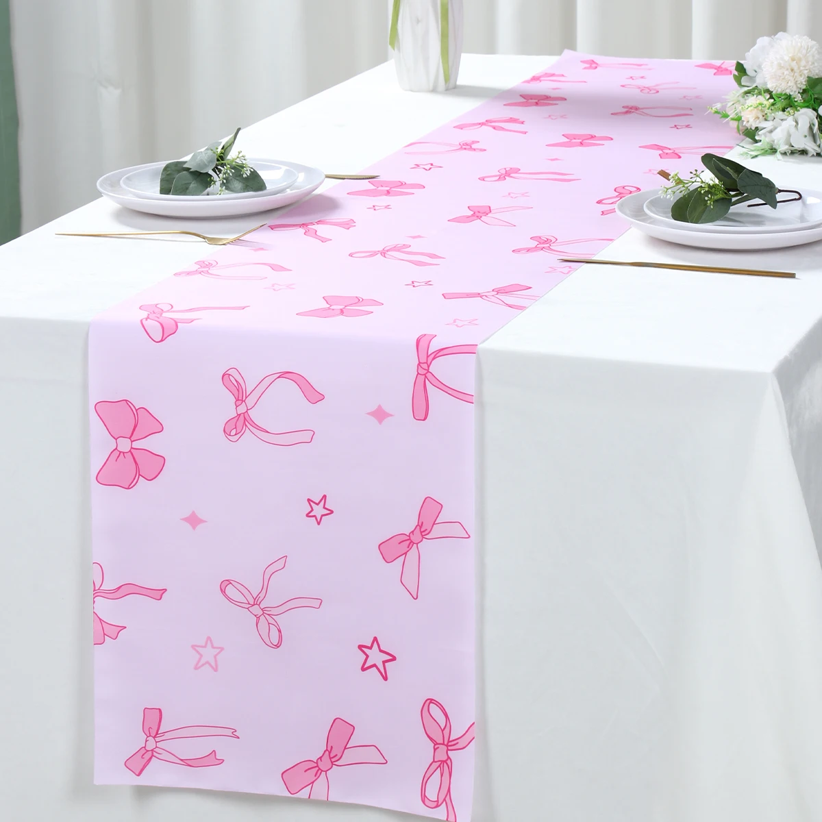 Pink Bow Polyester Table Runner Wedding Birthday Party Decoration Kids Girl Baby Shower Party Supplies Dining Table Cloth Cover 3