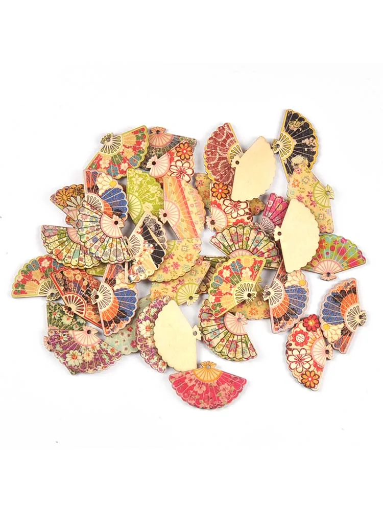 20Pcs 29x48mm Painted Fan Wooden Pendant DIY Crafts Supplies Hanging Ornaments Retro Wood Slices Home Decor C3427