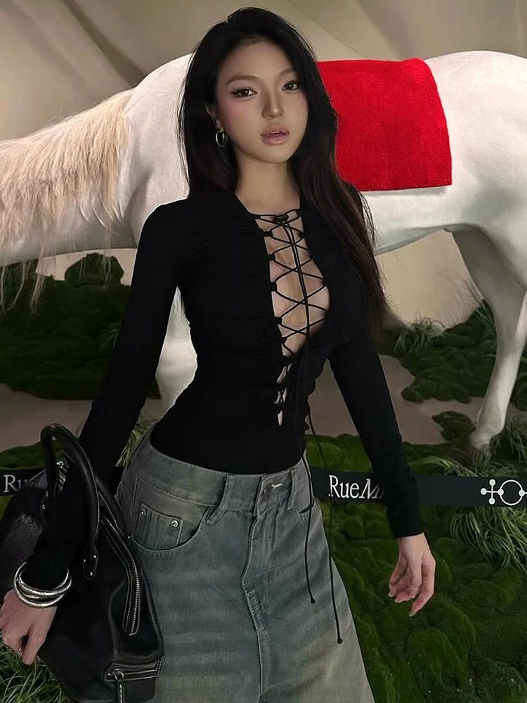 Nibber Ruched Shirring T-Shirt Women sexy Deep V-Neck Hollow Full Sleeve Simple Wild Hottie Midnight Stretch Street Clubwear