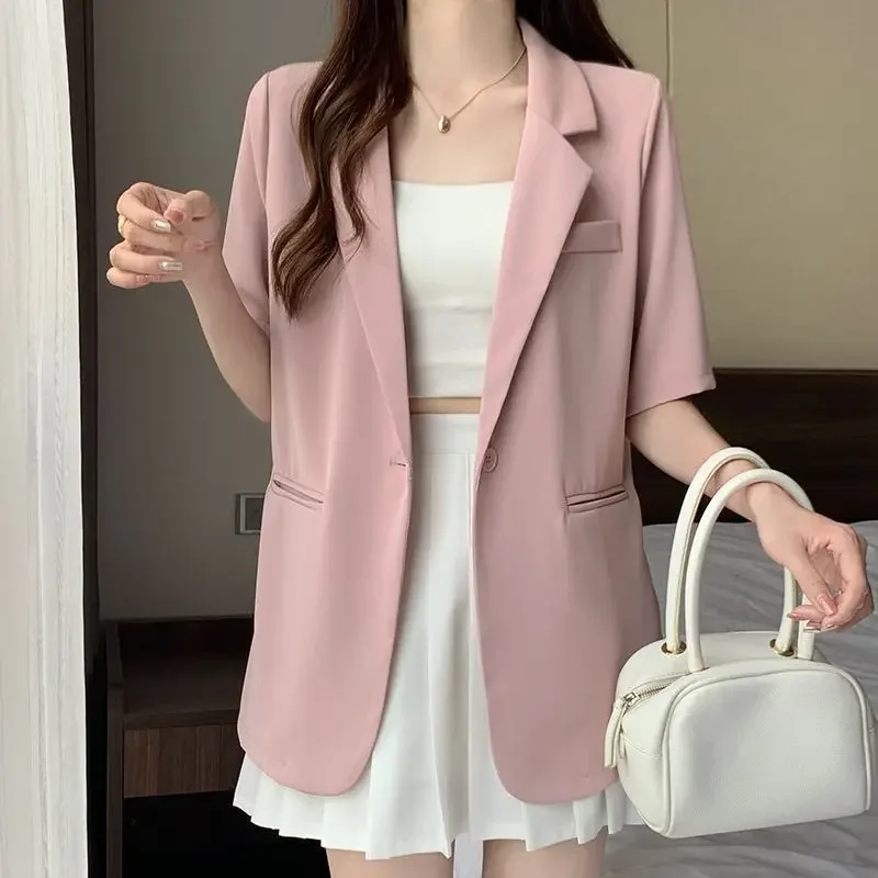 Short Sleeves Blazer Women Summer Jacket Black White Suit Korean Fashion Thin Top Casual Solid Jacket New