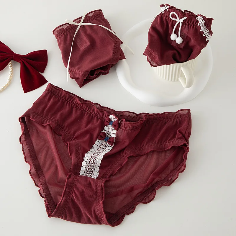 

Underwear Women Panty Sexy Lace Panties Girl Bowknot Wine Red Seamless Underpants Female Lingerie Ropa Interior Femenina Panties