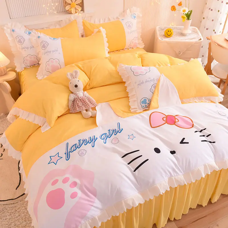 4 PCS Bed Linings Cartoon Kuromi Bedding Set Fitted Sheet Quilt Cover  Pillowcase