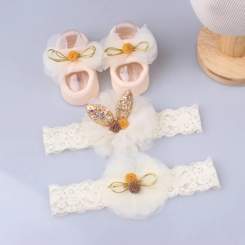 3PcsSetCuteBabyHeadbandSocksLaceCrownFlowerHairBandsfor