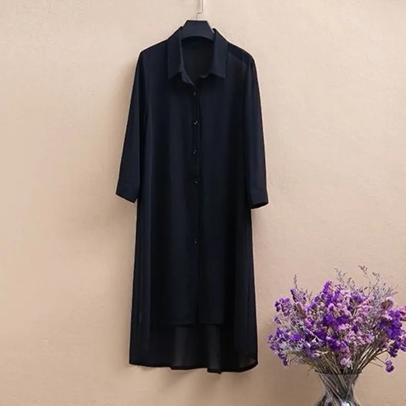 여름 태양 보호 의류 여성 느슨한 블라우스 하프 슬리브 여성 쉬폰 셔츠 여성 미디 롱 코트 숙녀 목도리 겉옷