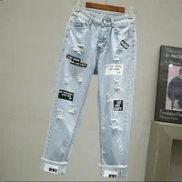 Women Elegant V-Neck Stripe Office Lady Suit Lantern Sleeve Bow Belt Trend Slim Casual Chiffon Shirt Top And Korean Ripped Jeans - Image 6
