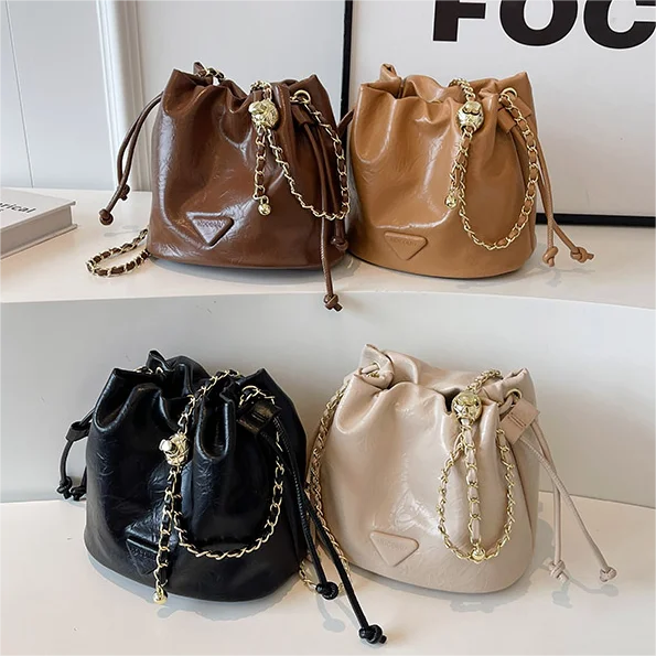 Newest High End Ladies Crossbody Bag 2024 Trendy PU Leather Drawstring Bucket Bag Luxury Handbags For Women