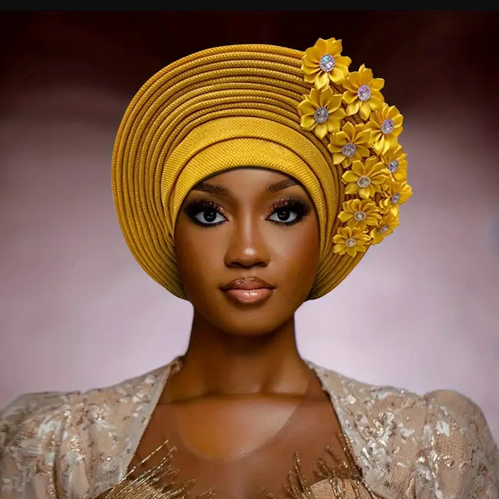 New African Headtie Turban Nigeria Head Ties with Flowers Already Made Auto Gele Women Head Wraps for Wedding Party