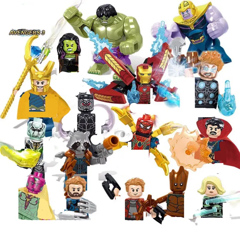 16 Pz/Set Super Heroes Groot Hulk Loki Thanos Iron Mini Anime Figure Rocket Racoon Building Blocks Giocattoli Per Bambini