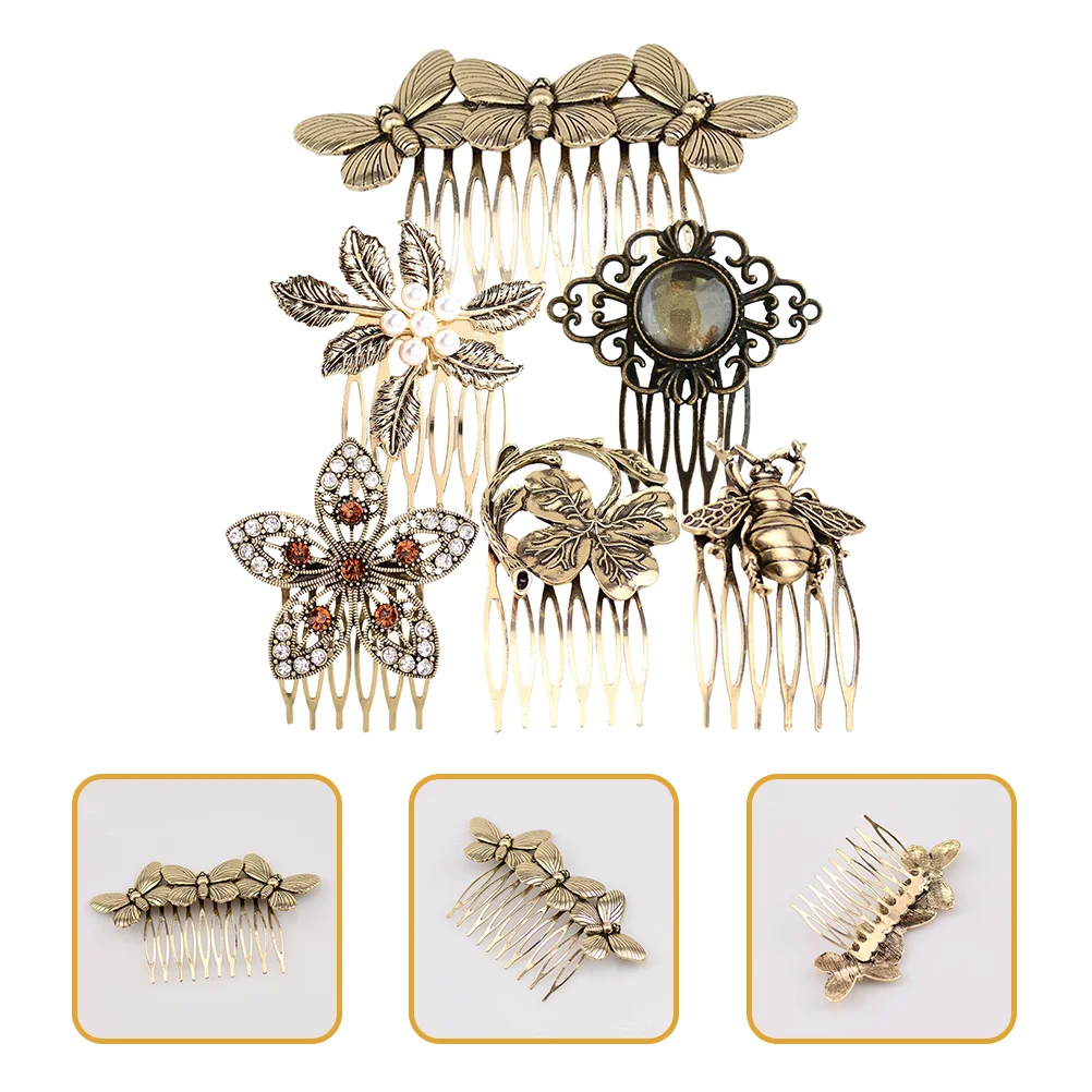 

6 Pcs Retro Diamonds Hair Comb for Casual Clothes Slides Metal Leaves European and American Bridal Headpiece Vintage Side Alloy