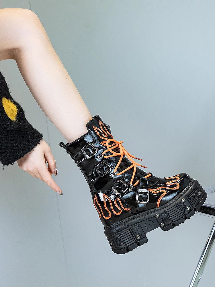 Fashion Women Motorcycle Boots Rivet Metal Chain Buckle Belt Short Equestrian Round Toe Mid-calf Boots Lady Platform Chunky Boot