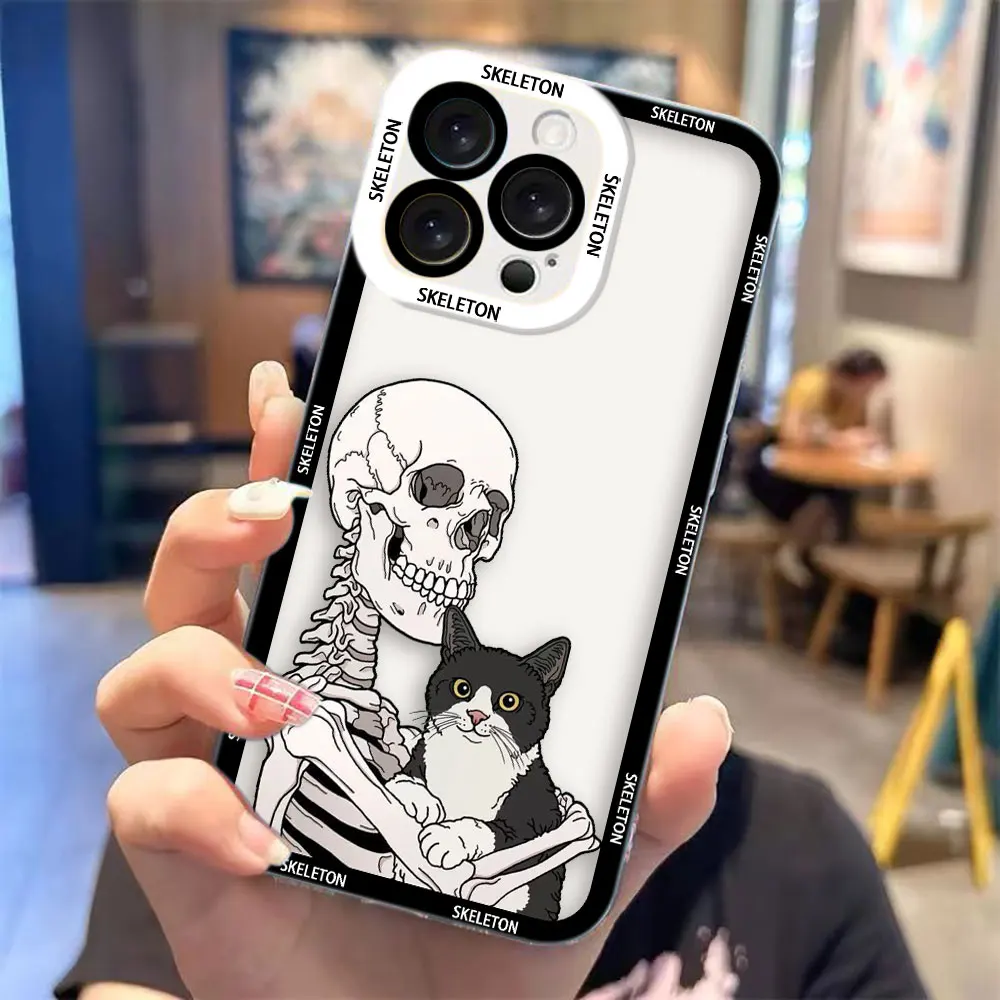 Transparent Phone Case with Terrified Skull-Headed Cat Design