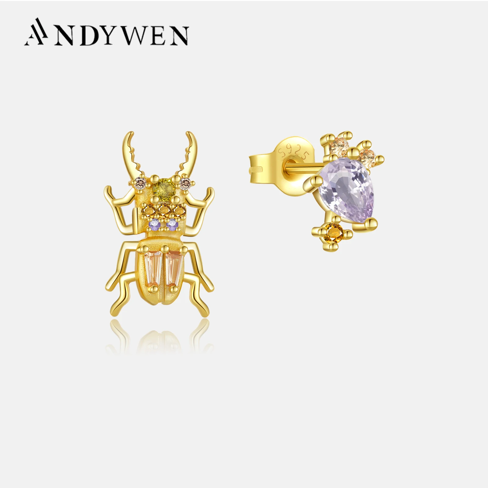 ANDYWEN  골드 동물 용기 딱정벌레 귀걸이 피어싱 펜던트 여성을위한 럭셔리 쥬얼리 크리스탈 쥬얼리 선물