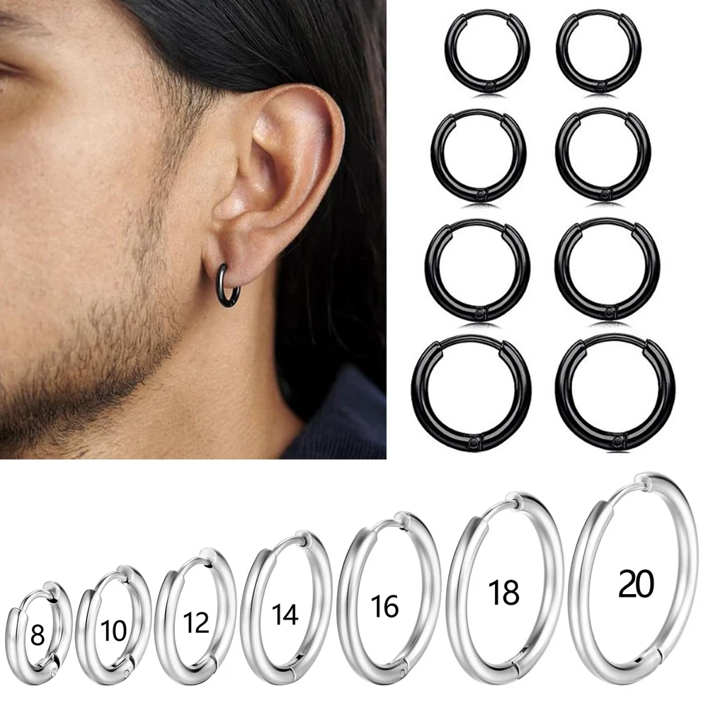 Lot De 8 Paires De Boucles D'oreilles Noires Pour Hommes - Acier Inoxydable Hypoallergénique - Style Punk, Créoles, Clous