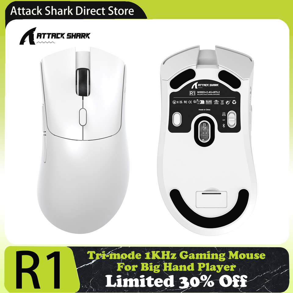 Attack Shark R1 Tri-mode Gaming Mouse, PixArt PAW3311 Sensor, 18000 DPI, 1000hz, 59g Ultralight for Big Hand, for PC/Mac