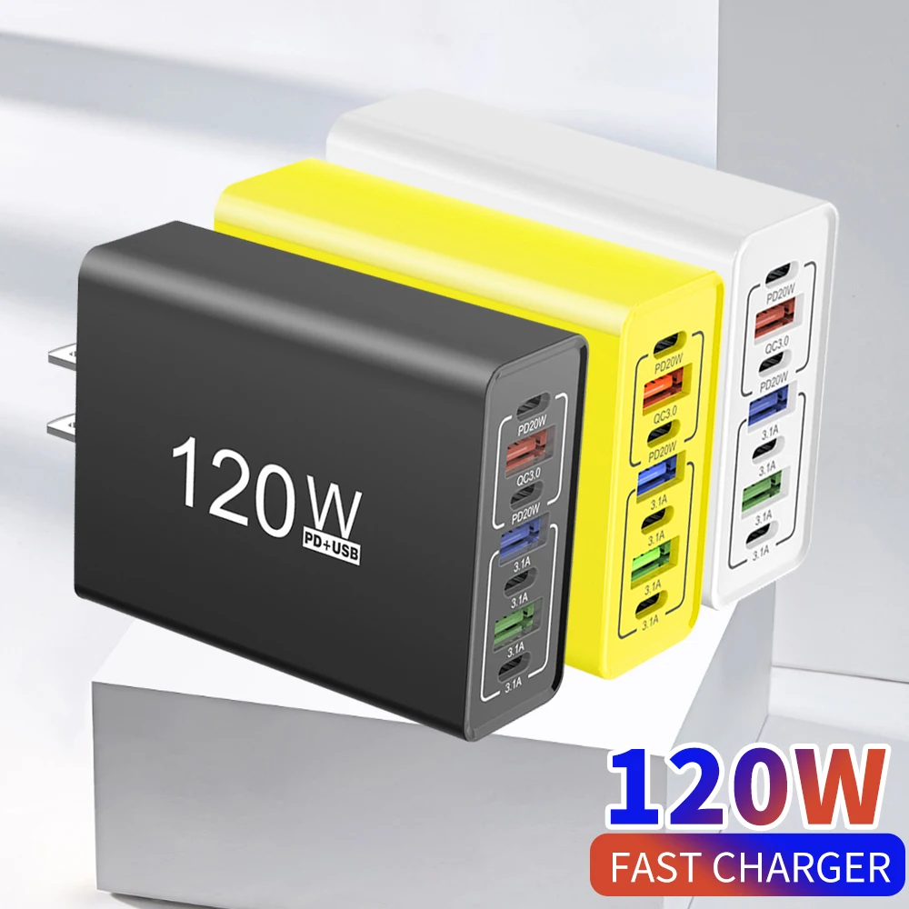 USB C Charger Total 120W Multi Ports Fast Charging Type C Phone Wall Adapter For iPhone 15 16 Samsung Xiaomi Huawei EU/US Plug