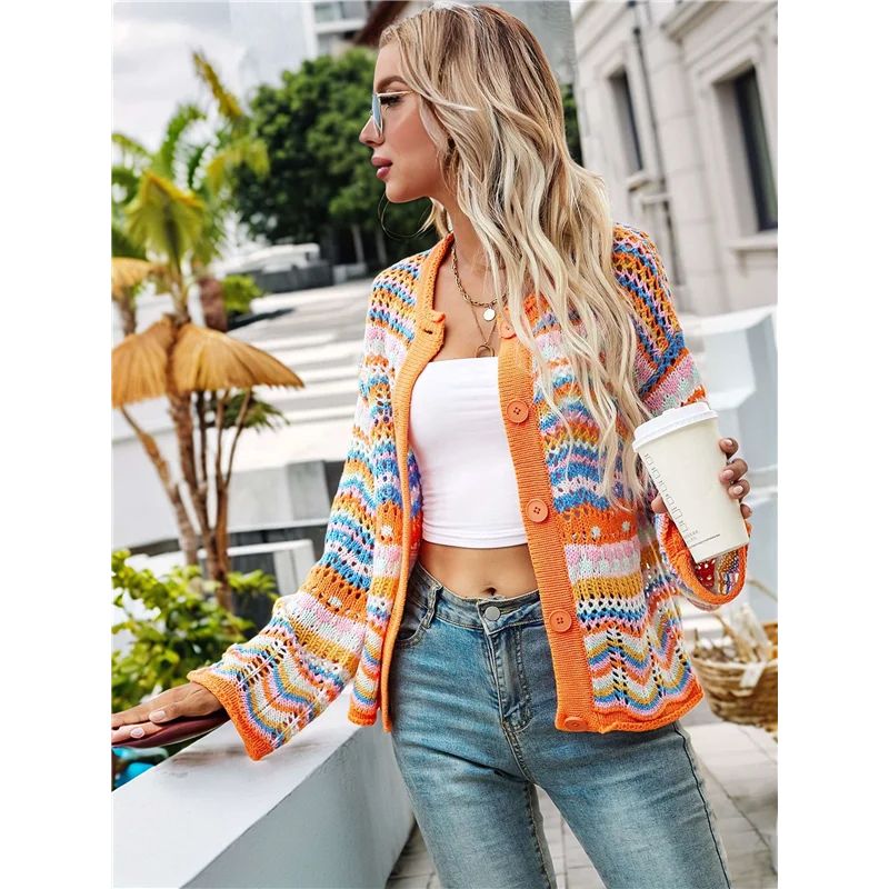 ABCA-여성용 멀티컬러 스트라이프 크로셰 니트 가디건 크루넥 플레어 슬리브 버튼 Y2K 스웨터 코트