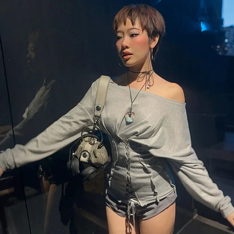 N2025 Casual Fashion T-Shirts Woman Skew Collar Off Shoulder Full Sleeve Drawstring Design Daily Simple Versatile Style Tops