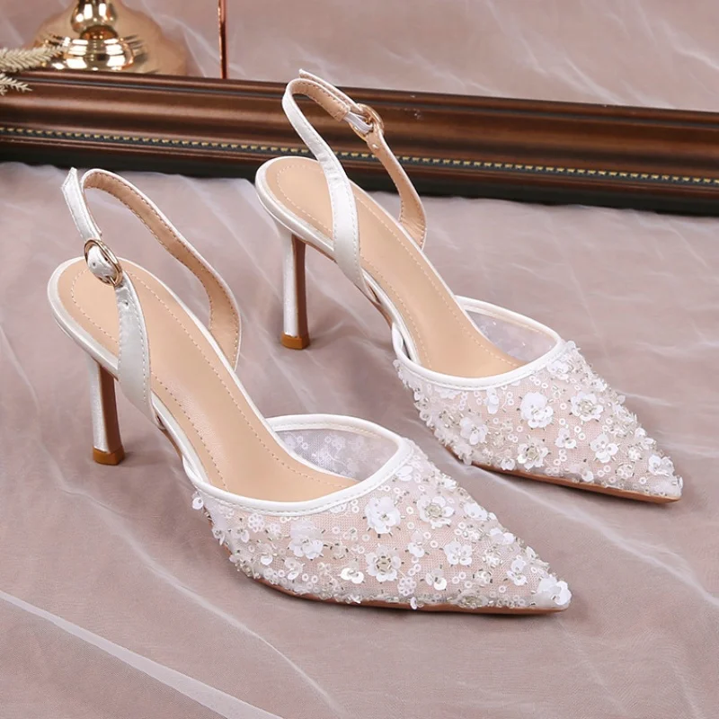 814833-0f8fd8.jpg 2025 Summer Lace Beaded Wedding Shoes Back Strap High Heels Bridesmaid Sandals For Women French Party Heels - Image 1