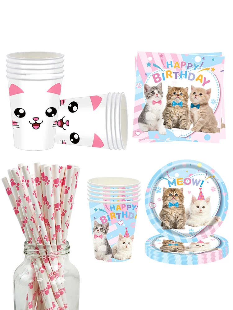 Katze Geburtstag Dekoration Katzen Party Pappteller Servietten Strohhalme Tasse Einweggeschirr Katze Thema Kinder Geburtstag Party Supplies – Detail 1