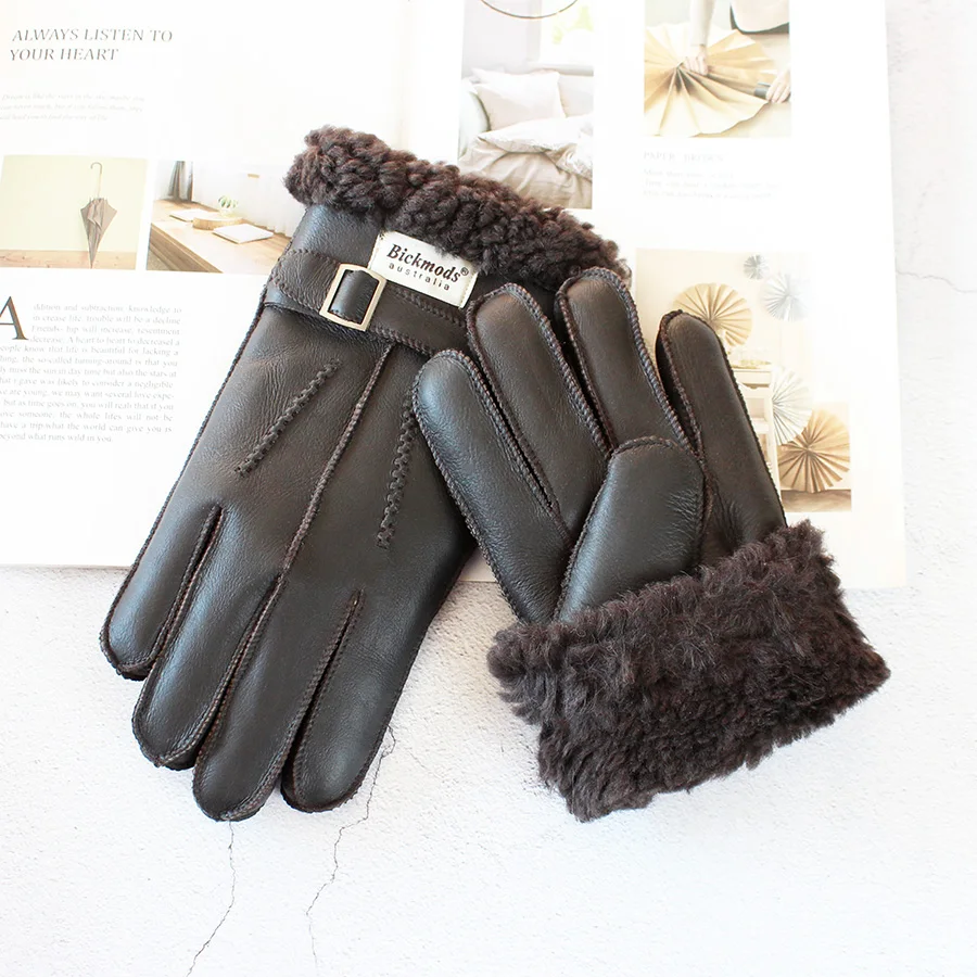 Sheepskin Fur Gloves Men Leather Thick Winter Warm Outdoor Wind and Cold Handmade Sewing Finger New Bickmods Brand