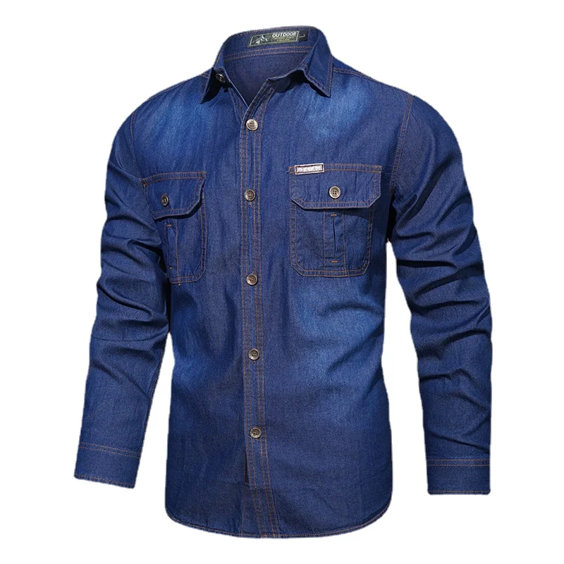 Spring Men Outdoor Multi-pocket Denim Tooling Shirts Man Long-sleeved Denim Shirts Quality Male Cotton Casual Jeans 5 denim shirt long sleeved shirt