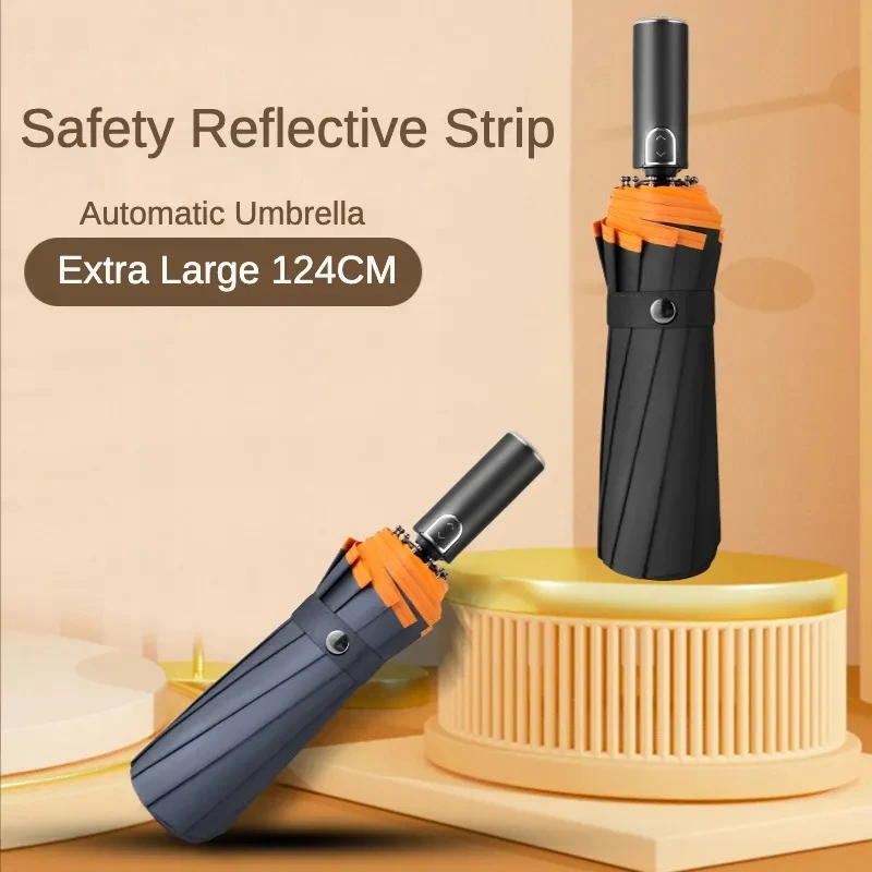 

Windproof Strong Large 124CM Safety Reflective Reinforced Automatic Folding Umbrella Waterproof Sunny Rainy Big Umbrellas Men