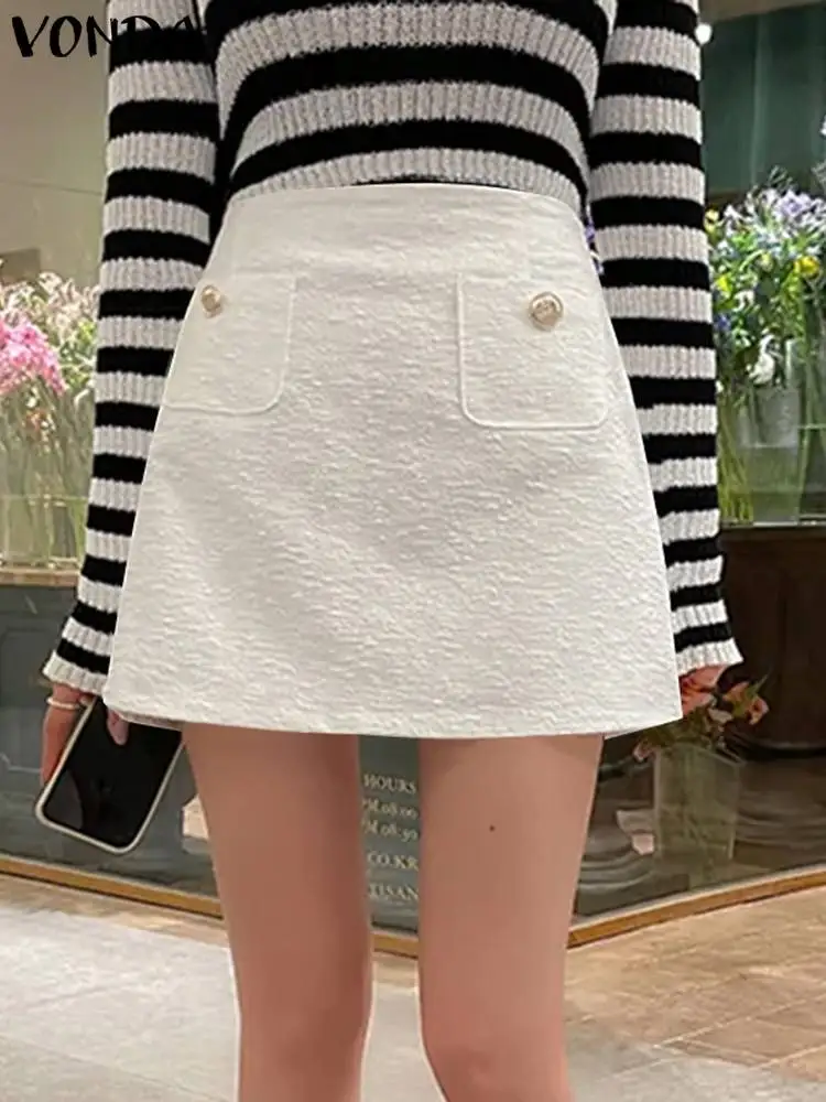 VONDA Fashion Mini Skirts 2024 Summer Women High Waist Elegant Skirt Casual Solid Color Pockets A-Line Bottoms Streetwear OL 2024 spring women s short dress black striped o neck short sleeve pockets loose dresses female new casual fashion ladies clothes