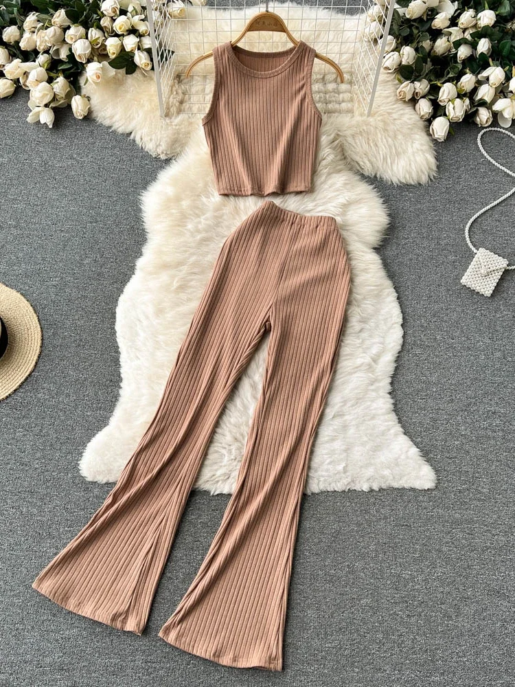 

Women Streetwear Two Piece Sets Summer Sexy Sleeveless Crop Tops and High Waist Bell Pants Outfits Woman Casual Tracksuits