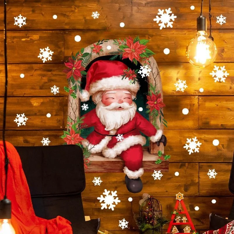 Cartoon Santa Claus Snowflake Decoration Wall Sticker Santa Claus Window Flipping Self-adhesive Wall Sticker Home Decor Sticker