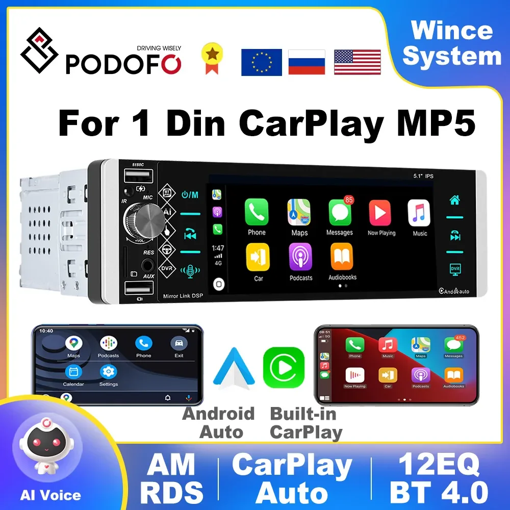 1 Din CarPlay MP5 Player 5.1'' Car Radio Android Auto Stereo Receiver AI Voice MP3 Car Multimedia Player Bluetooth FM RDS