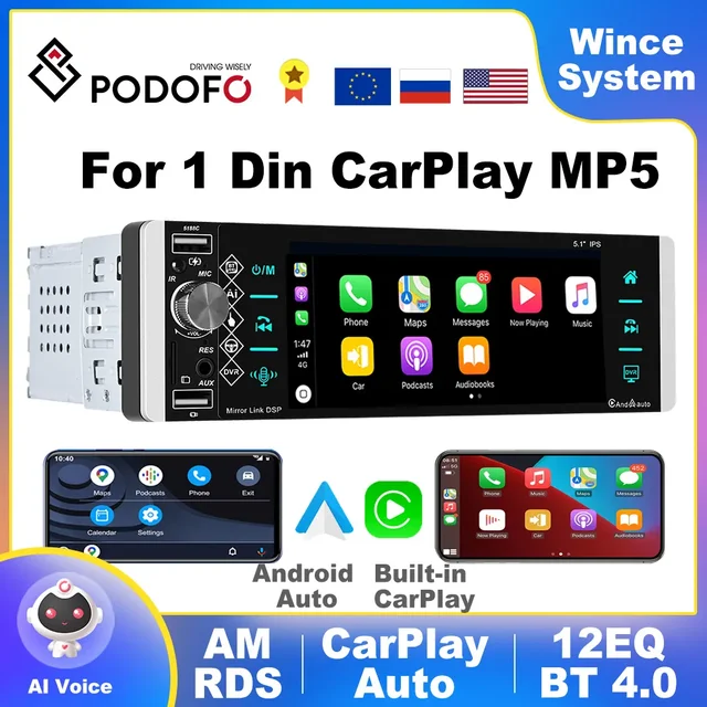 Podofo Autoradio 1 Din avec Apple Carplay et Android Auto