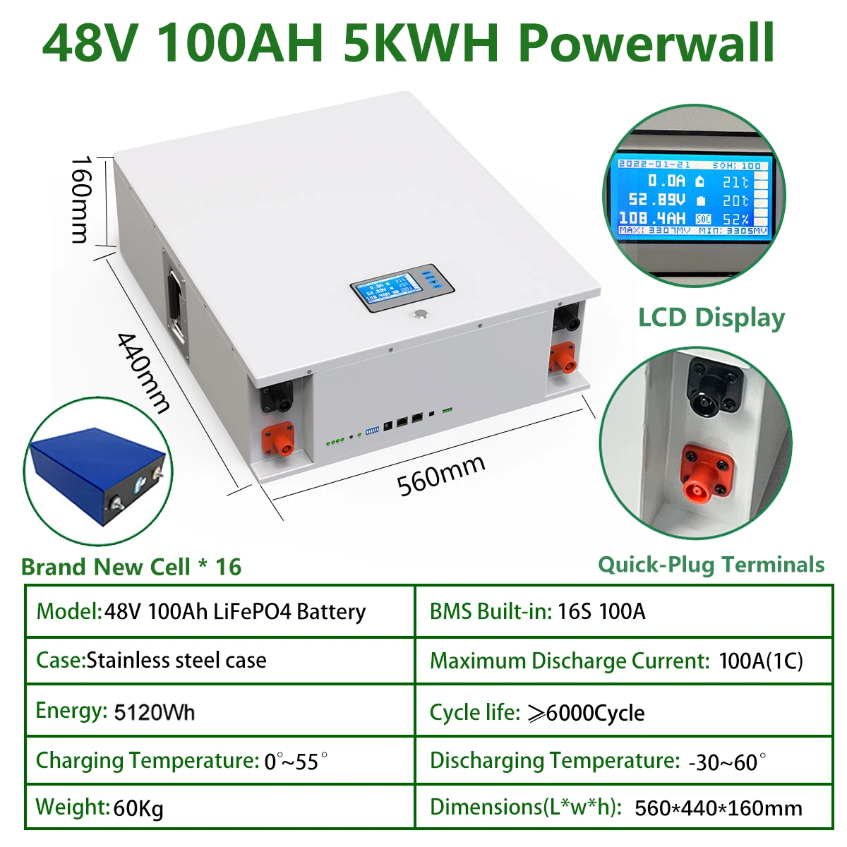 

48V 100AH 200AH LiFePO4 Battery Pack 10KWH 5KWH Powerwall 32 Parellel 6000+ Cycle Super Capacity CAN/RS485 For Home Solar System