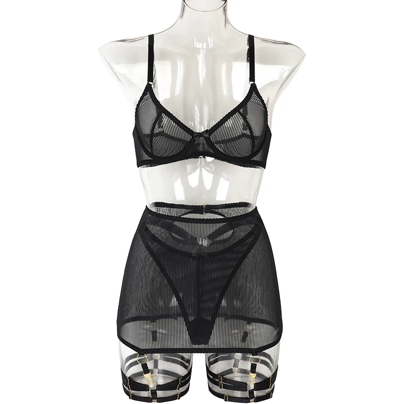 MUZISKAT Hot Sale See-through Sexy StripedMesh Gathering Erotic Lingerie Four Or Five Sets