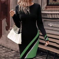 Commute Dress Women Spring Autumn New Long Sleeve Striped Print O-neck Slim Fashion Elegant Casual Commute Female A-line Dress 2
