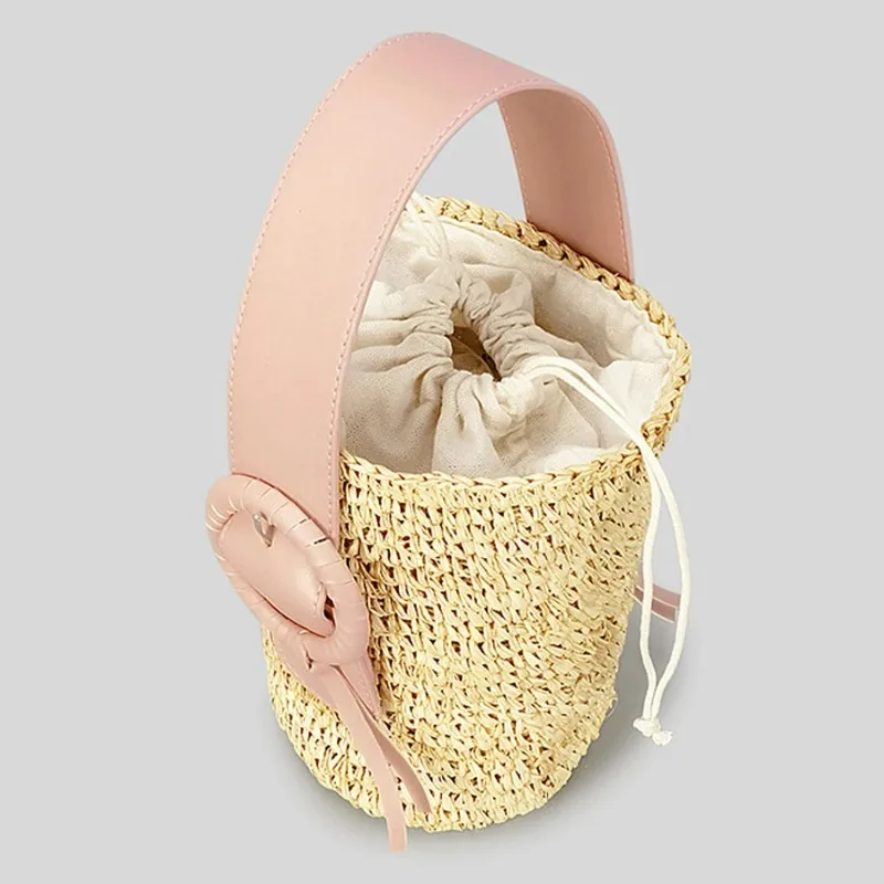 Fashion Straw Bucket Bag Designer pu leathe handle Women Handbags papar woven summer Beach Small Tote Bali Purse 2023 Female Bag